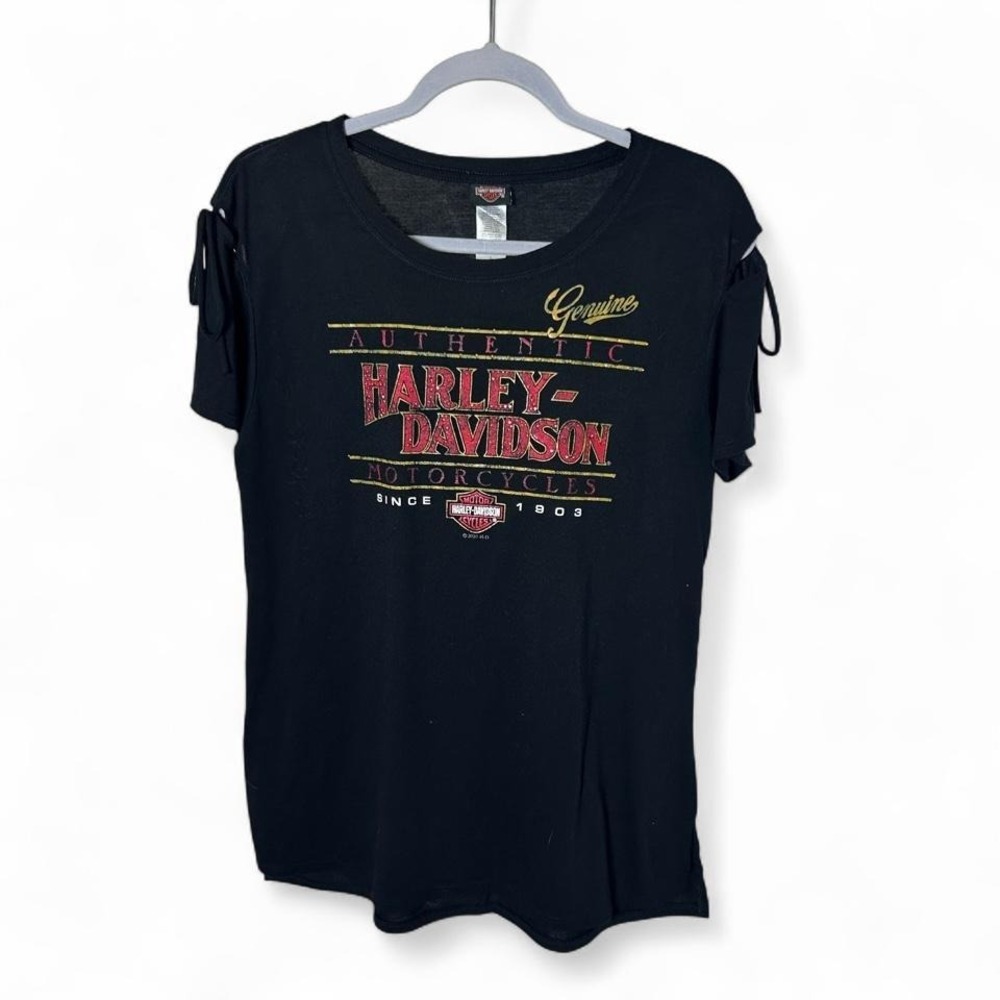 Harley Davidson black tee with cut out sleeves and rhinestones Size L #biker